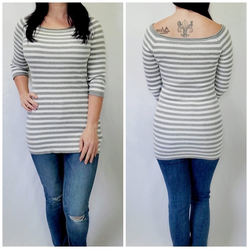 Say What? Vintage Grey & White Striped Quarter Sleeve Top